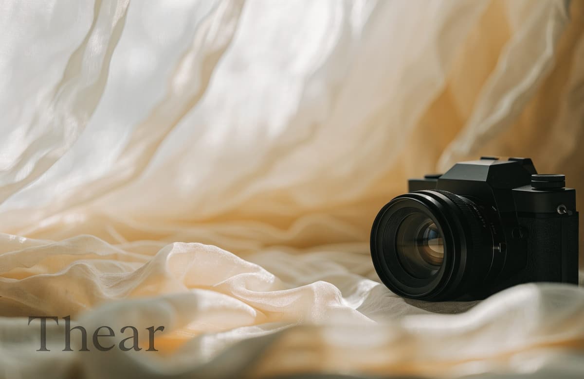 따뜻한 빛 아래 놓인 카메라 한 대 — 아래에 TheAr 워드마크